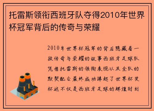 托雷斯领衔西班牙队夺得2010年世界杯冠军背后的传奇与荣耀